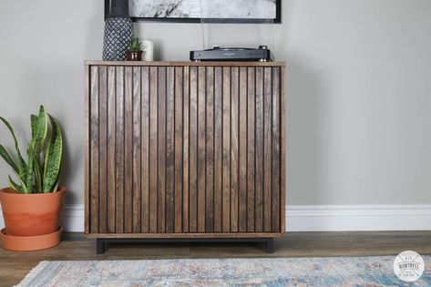 Wood Slat Cabinet, Slat Cabinet, Slat Furniture, Diy Huntress, Wood Storage Cabinet, Cabinet Diy, Concrete Coffee Table, Record Cabinet, Floating Desk