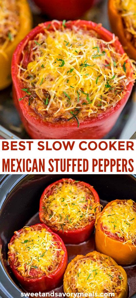 Black Beans And Corn, Slow Cooker Mexican, Mexican Stuffed Peppers, Crockpot Stuffed Peppers, Slow Cooker Stuffed Peppers, Beans And Corn, Pot Ideas, Appetizer Bites, Peppers Recipes