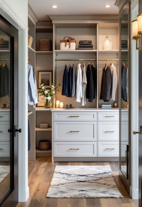 Walk in Closet Ideas Walk In Closet White And Wood, Closet Ottoman Walk In, Modern Classic Closet, Walkin Closet With Window, Gray Walk In Closet, Walk In Closet Wood, Small Walk In Wardrobe Ideas, Classic Walk In Closet, Walk In Wardrobe Ideas Master Bedrooms