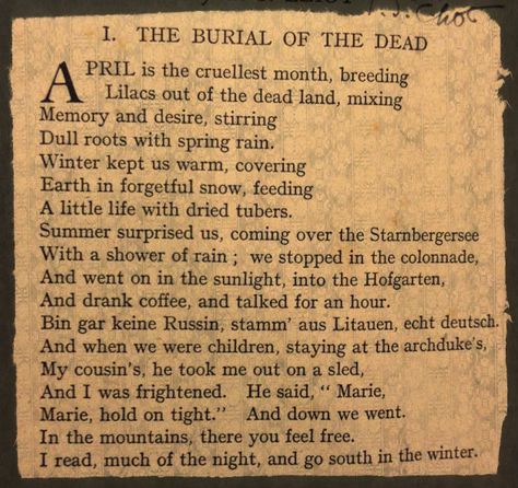 THE WASTE LAND 1. THE BURIAL OF THE DEAD - T. S. ELIOT The Waste Land Eliot, The Waste Land, Waste Land, Hollow Man, T S Eliot, A Little Life, Spring Rain, Literature Quotes, Poetry Quotes