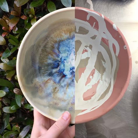 Every time I post a picture of my galaxy bowls, I always get lots of questions about glazing. Here is a before and after shot of how I… Galaxy Bowls, Ceramics Texture, Glaze Techniques, Galaxy Style, Glaze Combos, Glaze Ideas, Pottery Glaze, Pottery Store, Amaco Glazes