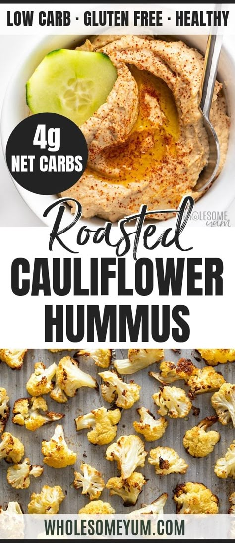 Keto Paleo Roasted Cauliflower Hummus Recipe - Learn how to make roasted cauliflower hummus (keto hummus). You'll love this flavorful and EASY cauliflower hummus recipe - 7 ingredients! #wholesomeyum #keto #ketorecipes #paleo #paleorecipes #cauliflower #hummus #dips Hummus Keto, Keto Hummus, Roasted Cauliflower Hummus, Paleo Roast, Cauliflower Hummus, Recipe Cauliflower, Cauliflowers, Keto Diet Snacks, Wholesome Yum