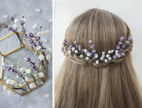 Bridal Hair Piece Babys Breath Lavender Flower Clip - Etsy White Purple Hair, Gypsophila Hair, Lavender Wedding Theme, Tangled Wedding, Flower Hair Pieces, Floral Hair Pins, Bridal Hair Piece, Lavender Hair, Lavender Flower