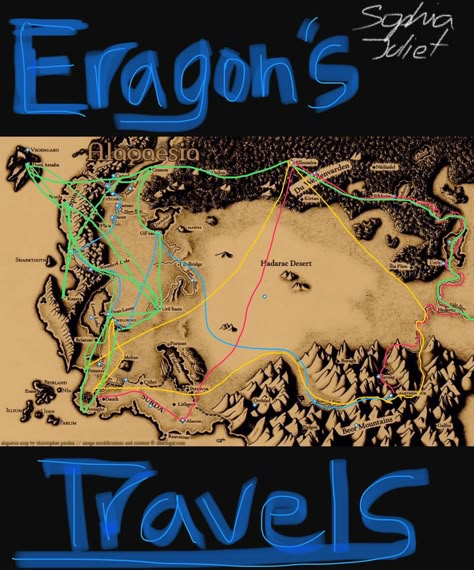 The accurate map of Eragon’s travels. Each book is color coded with his travelings. Inheritance Cycle by Christopher Paolini. Credit to Sophia Juliet. The Inheritance Cycle Fan Art, Inheritance Cycle Fan Art, Eragon Inheritance Cycle Tattoo, The Inheritance Cycle, Murtagh Eragon Fanart, Eragon Characters, Brom Eragon, Eragon Christopher Paolini, The Inheritance Cycle Books