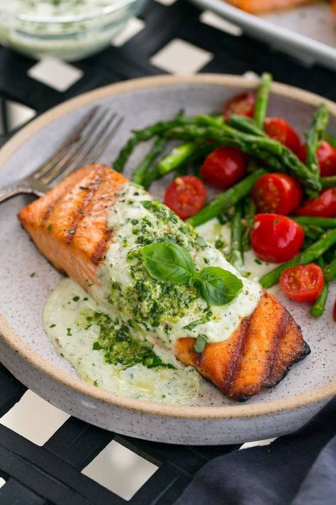 Grilled Salmon Fillets (+ Creamy Pesto Sauce!) - Cooking Classy Salmon Pesto, Creamy Pesto Sauce, Pesto Salmon, Creamy Pesto, Easy Cream, Grain Free Recipes, Cooking Classy, Pesto Sauce, Grilled Salmon