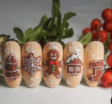 Christmas Nails Decorations, 3d Gingerbread Nails, Christmas Gingerbread Nail Art, Christmas Nail Art Gingerbread, Christmas Cookie Nail Art, 3d Christmas Nail Art Designs, Cookie Nails Design, Christmas Nails 3d Design, How To Draw Nail Art