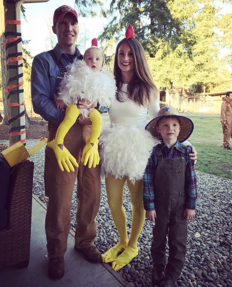 Farmer And Chicken Costume, Chicken And Farmer Halloween Costume, Chicken Makeup Halloween, Farmer And Chicken Family Costume, Family Chicken Costume, Chicken Family Costume, Diy Chicken Halloween Costume, Diy Chicken Costume Women, Womens Chicken Costume