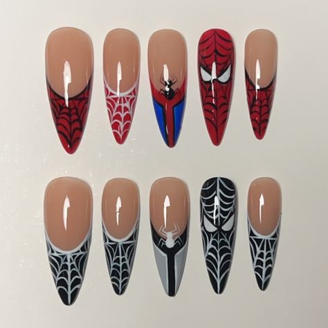 spidey nails ❤️💙🕷️🕸️ more halloween sets coming soon!! inspo: @naturalluxnailspa - - - #gelnails #pressonnails #pressonsforsale #gelxnails #gelx #nailstagram #custompressonnails #nails #nailsofinstagram #nailsnailsnails #apresgelx #smallbusiness #nailart #nailartist #nailaddict #nailtech #nails💅#pressonnailset #explore #explorepage #explorepage✨#halloweennails #spiderman #spidermanfarfromhome #spidermanhomecoming #spidermannails #pressedxpainted Vemon Spiderman Nails, Venom Inspired Nails, Nail Inspo Coffin Spiderman, Spiderman Acrylic Nails, Acrylic Nail Designs Spiderman, Spiderman Nails Designs, Spiderman Nails, Almond Spider-man Nails, Spiderman Homecoming