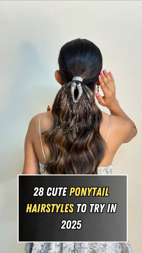 A stylish ponytail hairstyle featuring sleek, wavy locks with a unique wrapped design and glitter accents. Perfect for adding a trendy and elegant touch to any look in 2025. Glam Ponytail, Cute Ponytail Hairstyles, Cute Ponytail, Stylish Ponytail, Cute Ponytails, Bubble Style, Sleek Ponytail, Ponytail Hairstyles, Save For Later