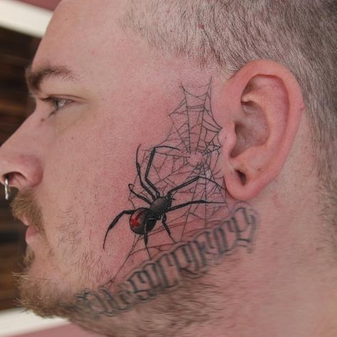 Spider and web face tattoo Spider Lady Head Tattoo, Spiderweb Face Tattoo, Spider Head Tattoo, Spider Face Tattoo, Neck Tattoos Spider, Spider With Face Tattoo, Web Face, Spider Face, Face Tats