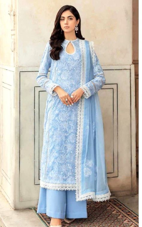 Pakistani Blue Suit, Light Blue Kurta Woman, Light Blue Chikankari Kurta, Sky Blue Kurta Woman, Sky Blue Suit Women, Pakistani Lawn Suits Design 2023, Light Blue Punjabi Suit, Sky Blue Suit Design, Sky Blue Dress Indian