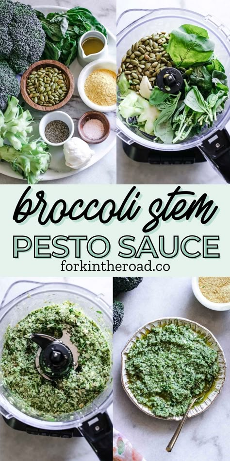 Broccoli Stem Pesto, a simple food waste recovery recipe using leftover broccoli stalks inside basil pesto sauce. This recipe gluten-free, has a vegan option, and is great on pasta, roasted vegetables, pizzas, and soups. Reduce food waste and use broccoli stems in your pesto! Brocoli Pesto Recipe, Recipes For Broccoli Stems, What To Do With Broccoli Stalks, Broccoli Pesto Recipe, Food Scraps Recipes, Broccoli Stalk Recipes, Food Scrap Recipes, Broccoli Stem Recipes, Leftover Broccoli Recipes