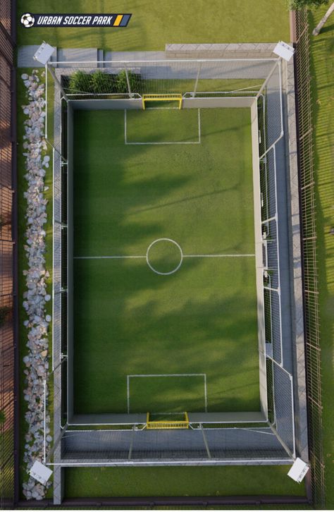 Soccer Court Backyard, Soccer Field Backyard, Backyard Football Field, Backyard Soccer Pitch, Mini Soccer Field Backyard, Soccer Backyard, Soccer Field In Backyard, Backyard Soccer Field, Indoor Futsal Court Design