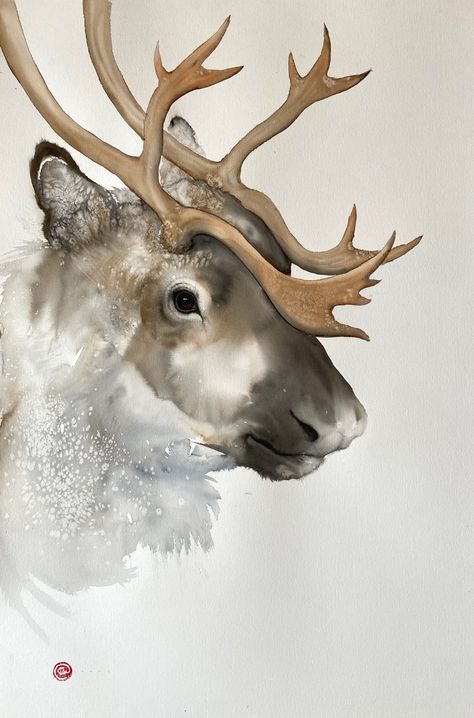 Karl Martens Reindeer (Unframed) Signed Watercolour on Arches 640gsm paper 57 1/2 x 37 1/2 in 146 x 95 cms Karl Martens Watercolors, Reindeer Watercolor, Reindeer Painting, Karl Martens, Watercolour Artists, Watercolour Animals, Paper Paintings, Painted Christmas Cards, Art Sites