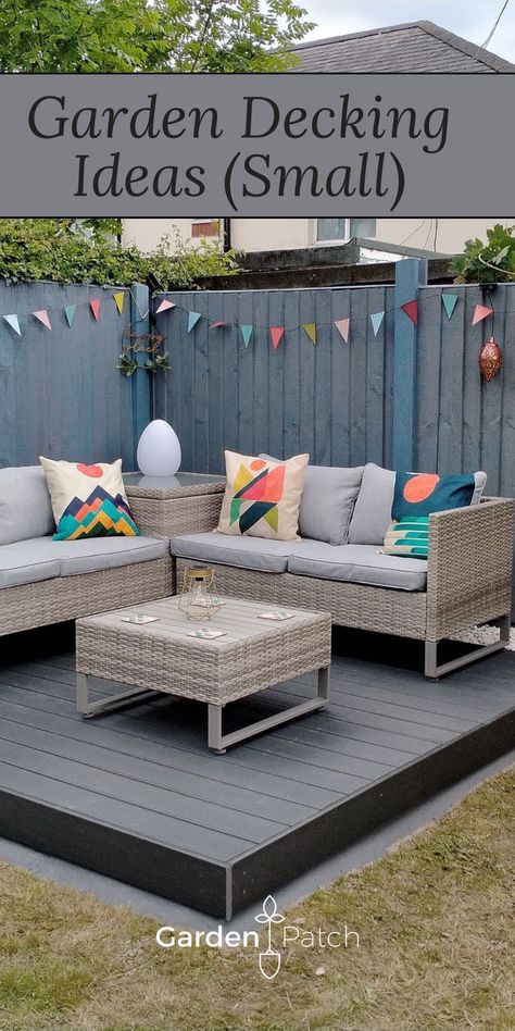 If the idea of maintaining wooden decking has put you off, there are several different styles of composite decking to choose from. Often made from recycled plastics and natural wood fibres, composite decking is resistant to cracking, splitting, mildew and stains and best of all, it just needs a quick wash and brush up to keep it looking like new. Small Decking Ideas, Small Decking Area, Grey Garden Decking, Raised Decking Ideas Garden, Decking With Planters Raised Beds, Planters Made From Composite Decking, Garden Decking Ideas, Decking Ideas, Raised Decking Ideas Garden Uk