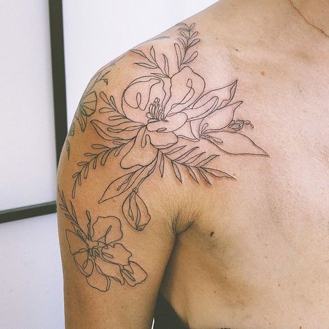 Line Art Shoulder Tattoo. A floral design created with simple line work. Click through for 50 shoulder tattoo ideas. #shouldertattoos #tattooideas #tattoos IG: @fleurnoiretattoo Floral Sleeve Tattoo Minimalist, Line Art Tattoos Women, Floral Line Tattoo, Floral Tattoo Shoulder, Theme Tattoo, Shoulder Tattoos For Women, Line Art Tattoos, Line Work Tattoo, 1 Tattoo