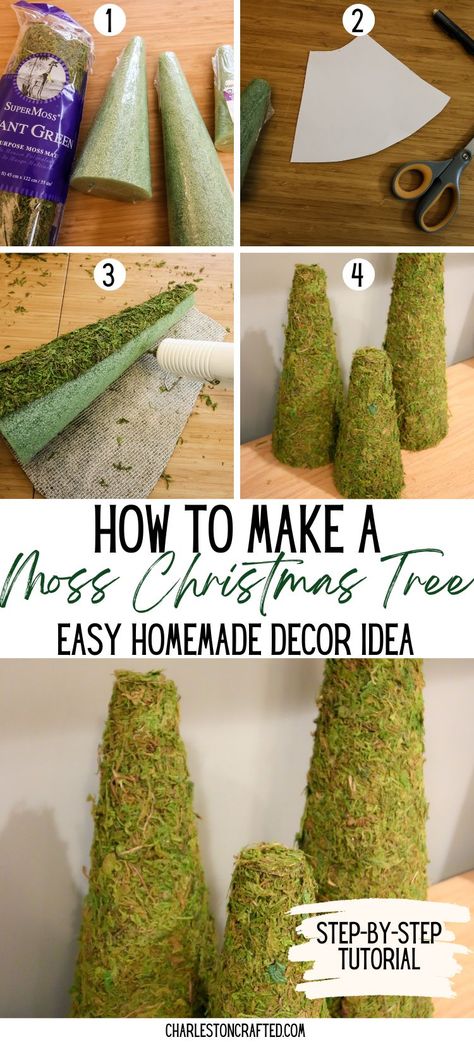 Going for a green theme this Christmas? Bring in green texture aesthetic with these DIY moss christmas trees - click for the step by step tutorial! Moss Christmas Tree, Moss Christmas, Texture Aesthetic, Diy Moss, Christmas Mantel Decorations, Christmas Mantel, Green Texture, Homemade Decor, Christmas Centerpiece