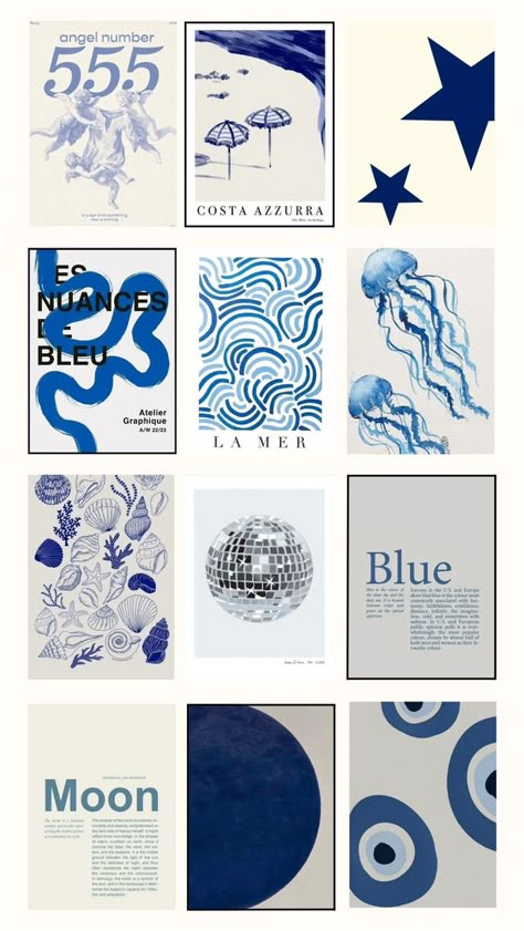 Phone Case Printables Aesthetic, Blue Wall Poster Aesthetic, Side Wall Decoration Ideas, Aesthetic Prints For Phone Case, Vintage Posters Blue, Aesthetic Diy Posters, Aesthetic Things To Put On Your Wall, Collage Wall Prints Blue, Art Prints For Walls Aesthetic