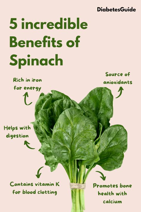 An image with spinach and the 5 incredible benefits : source of antioxidants, riche in iron for energy, premotes bone health with calcium, contains vitamin K for blood clotting and helps with digestion. Benefits Of Spinach, Spinach Benefits, Anti Inflamatory, Fruit Health Benefits, Fruit Benefits, Natural Health Care, Health Knowledge, Workout Plans, Essential Nutrients