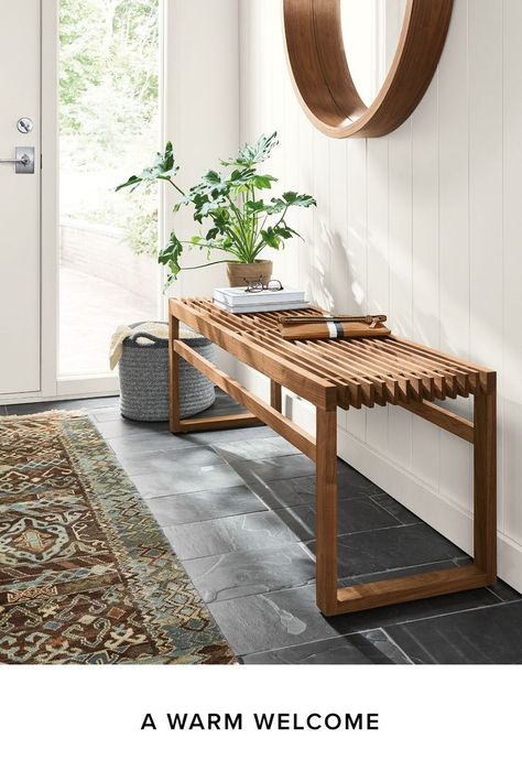 Add modern function and balance to your entry. Modern Wood Bench, Apartemen Studio, Interior Design Minimalist, Interior Design Per La Casa, Modern Entryway, Modern Hallway, Home Entrance Decor, Decoration Originale, Entryway Furniture