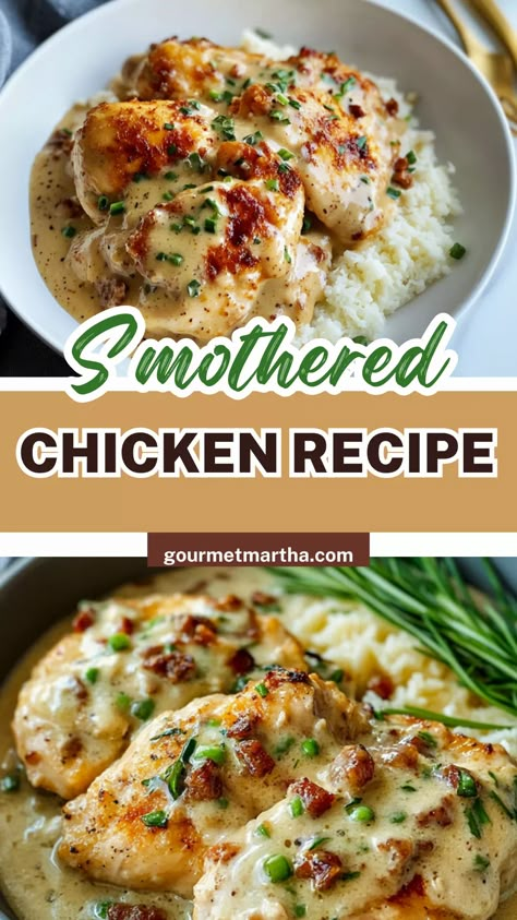 Discover the ultimate smothered chicken recipe that’s bursting with rich, creamy flavors. This southern comfort food classic is easy to make, perfect for family dinners, and packed with tender chicken drenched in a savory gravy. Unlock the secret to this amazing dish! #smotheredchicken #chickenrecipe #southerncooking #comfortfood #easyrecipes #homemadegravy #weeknightdinner #chickenandgravy #chickenrecipes #dinnerideas Best Smothered Chicken Recipe, Smothered Chicken With Gravy, Garlic Gravy, Smothered Chicken Recipe, Smothered Chicken Recipes, Chicken Gravy Recipe, Chicken Stroganoff, Chicken Breast Recipes Baked, Smothered Chicken