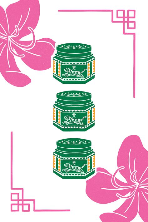 Illustration with three tiger balm jars in green framed  by pink cassia flowers and Chinese ornaments. Tiger Balm Illustration, Tiger Branding, Chinese Tiger Illustration, Tiger Lily Illustration, Tiger Head Illustration, Asian Family, Tiger Balm, Chinese Posters, Printable Poster