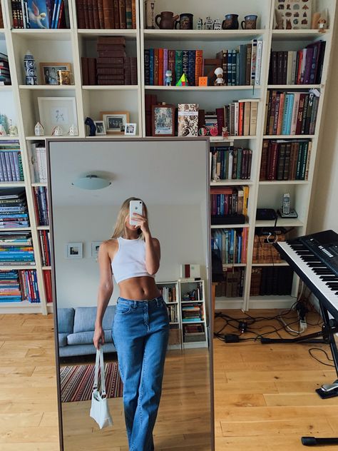 thrifted vintage low rise jeans and white tanktop crop top is my go to add a little white bag and your simple yet cute outfit is comeplete! White Crop Top Outfit, Crop Top Outfit, Low Waist Jeans, Crop Top Outfits, Top Outfit, Jeans White, Waist Jeans, Low Rise Jeans, White Crop