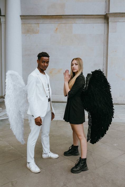 A Man and Woman Wearing Angel Costumes · Free Stock Photo Angel Costume, People Dress, Ange Demon, Angel And Devil, Angels And Demons, Mens Costumes, Men And Women, Free Stock Photos, Free Photos