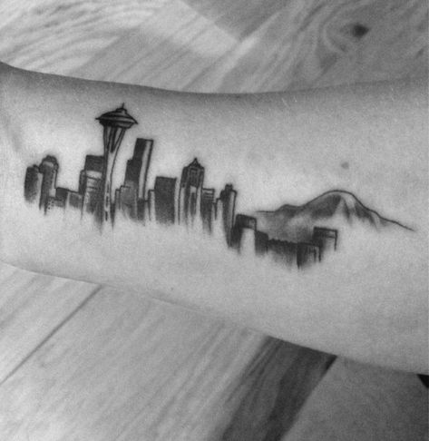 Shaded Black And Grey Seattle Skyline Small Mens Inner Forearm Tattoos Architects Tattoo, Seattle Skyline Tattoo, Architect Sketchbook, Tree Sleeve, Skyline Tattoo, Seattle Tattoo, Inner Forearm Tattoo, Architect Logo, Architect Drawing