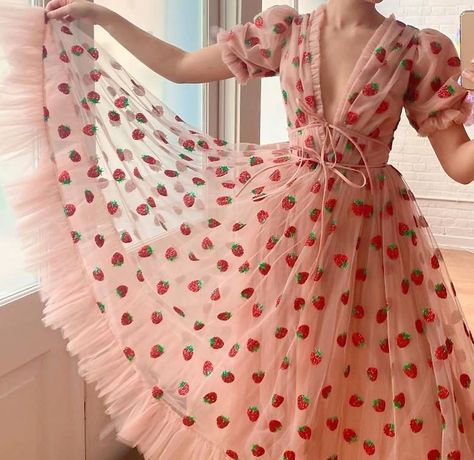 Strawberry Dress Aesthetic, Strawberry Aesthetics, Pink Strawberry Dress, Strawberry Print Dress, French Party, Strawberry Dress, Royal Aesthetic, Fairy Dresses, French Dress