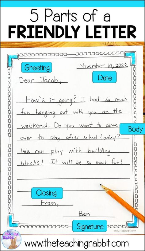 Are you teaching letter writing to your 1st & 2nd grade students? Check out these prompts and activities to help introduce the 5 parts of the friendly letter! This packet includes a writing checklist, teacher/student response activities, writing papers, and a rubric for easy marking! Great for your primary writing center! Letter Writing Activities 2nd Grade, Writing Letter Activities, Friendly Letter Writing Examples, Letter Writing Activity, Friendly Letter Writing Activities, Writing For 2nd Grade, How To Write A Letter, Writing A Friendly Letter, Parts Of A Friendly Letter