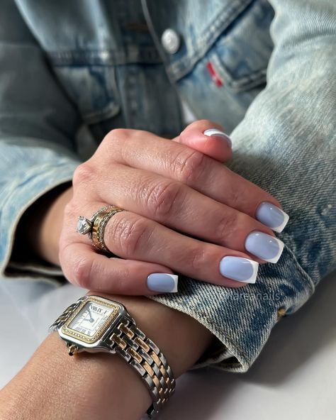 Blue Nail With White French Tip, Blue Nails With White French Tip, Blue Nails White Tips, Blue Nails With White Tips, Short Blue French Tip Nails, Blue French Nails, French Manicure With A Twist, White French Nails, Nail Paints