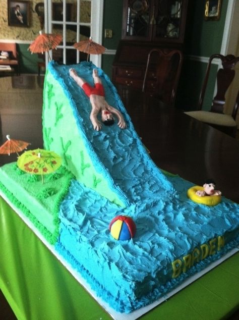 Water Slide Cake- So cute for a pool party or water park party!! I so need to try this on the corner in going to put some gummy life savers with teddy Graham's into them! Waterslide Cake, Large Sheet Cake, Water Park Birthday Party, Water Park Party, Water Birthday Parties, Water Birthday, Pool Party Cakes, Pool Cake, Birthday Party At Park