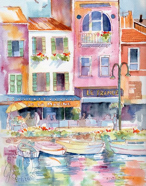 French Paintings Art, Complex Watercolor Paintings, Nice France Painting, France Painting Easy, French Watercolor Paintings, Watercolor Acrylic Painting, Watercolor Pictures To Paint, Bright Watercolor Paintings, European Watercolor