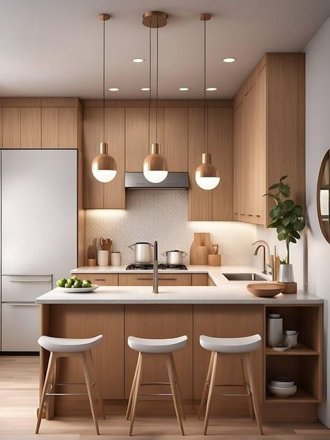 Small Minimalistic Kitchen, Japandi Interiors Small Apartment, Interior Design Tv Room, Kitchen Island And Dining Table Layout, Japandi Kitchen Design Small, Small Minimalist Kitchen, Small Kitchen With Peninsula, Japandi Interiors Kitchen, Nordic Kitchen Design