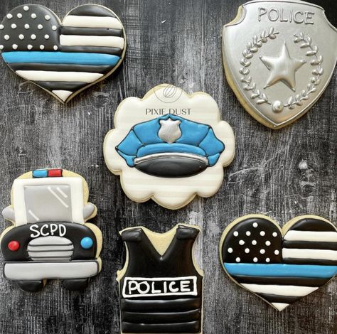 Police Cupcakes Ideas, Cop Cookies Decorated, Police Themed Cookies, Police Decorated Cookies, Police Car Cookies Decorated, Police Retirement Cookies, Police Cupcakes, Cupcakes Ideas, Cookie Cakes