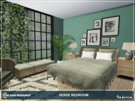 Sims 4 Green Bedroom, Sims 4 Green Cc, Ts4 Bedroom, Mods Ts4, Sims 4 Bedroom, Sims Ideas, Green Bedding, Bedroom Black, Boho Bedding