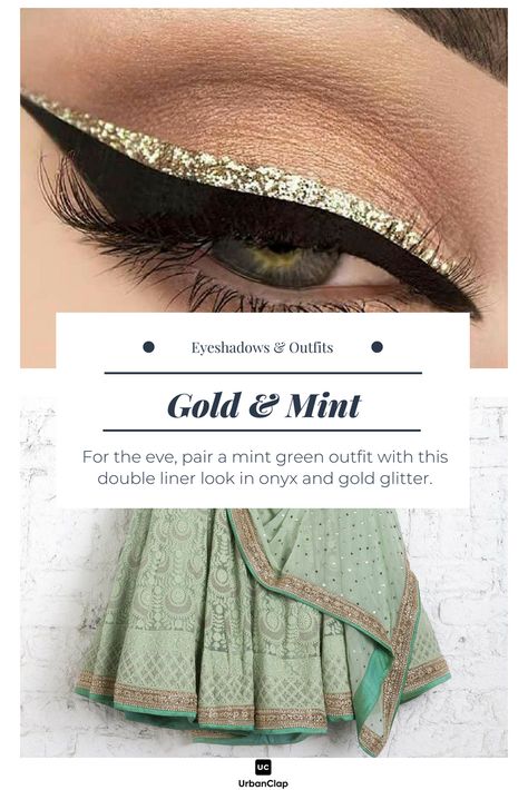 Makeup Ideas For Mint Green Dress, Makeup Look For Light Green Dress, Eyeshadow Looks For Green Outfit, Pista Green Makeup Looks, Eyeshadow For Mint Green Dress, Mint Green Lehenga Makeup Look, Make Up For Mint Green Outfit, Makeup For Green Lehenga, Makeup Looks For Mint Green Dress