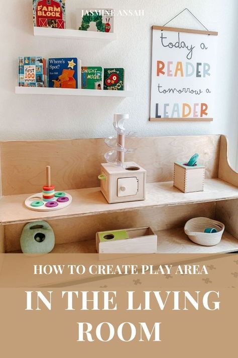 Combined Living And Play Area, Montessori Playroom Living Room, Living Room Play Corner Small Spaces, Ikea Play Area In Living Room, Ikea Play Corner, Creating A Play Area In Living Room, Montessori Living Room Play Area, Play Space In Living Room Modern, Indoor Play Areas Small Space