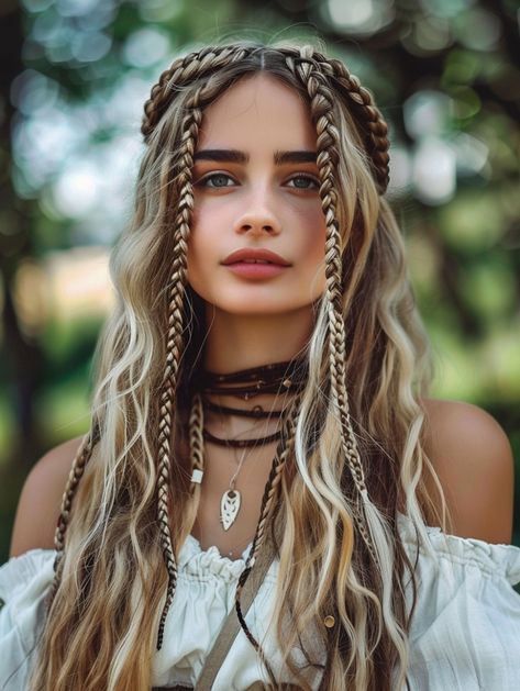 Wavy Hair With Braids, Holiday Hairstyles For Medium Hair, Boho Hair Styles, Vetement Hippie Chic, Boho Hairstyles For Long Hair, Boho Style Hair, Job Goals, Future Hairstyles, Medieval Hairstyles