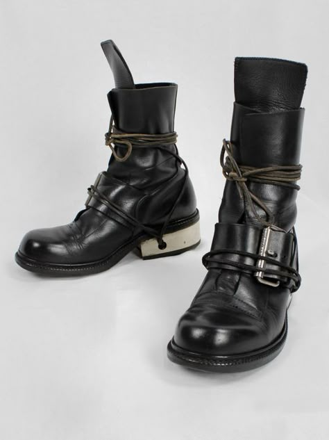 Dark Blue Trousers, Black Tall Boots, Boots With Laces, 90s Boots, Dirk Bikkembergs, Mountaineering Boots, Low Shoes, Black Boots Tall, Blue Trousers