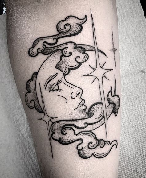 Rhi Settle on Instagram: “From a year ago 🌙 🖤 . . . .  @picturehousetattoostudio #blackwork #blackworktattoos #dotwork #dotworktattoos #linework #lineworktattoos…” Glow Tattoo, Crow Tattoo Design, Full Moon Phases, Celestial Tattoo, Sun And Moon Tattoo, Tattoo Apprenticeship, Cloud Tattoo, Stylist Tattoos, Space Tattoo