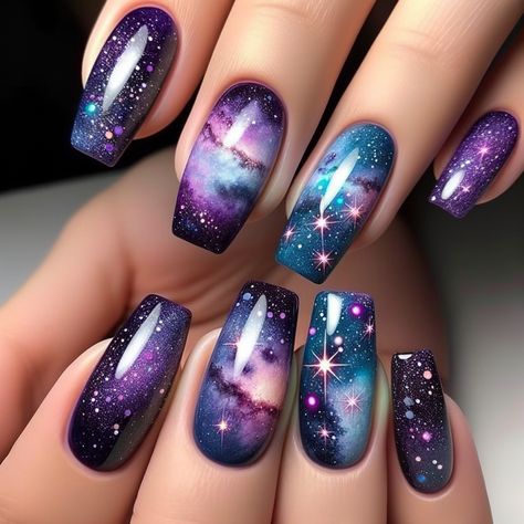 Galaxy Nails showcasing a blend of purples and blues with star-like glitter accents Galaxy Nail Designs Universe, Galaxy Inspired Nails, Galaxy Nails Designs, Space Nails Galaxy, Blue Galaxy Nails, Purple Galaxy Nails, Jupiter Nails, Northern Lights Nails, Galactic Nails