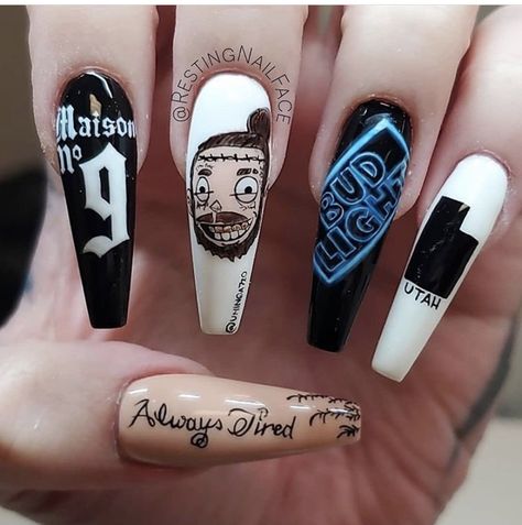 Post Malone Concert Nails, Post Malone Nails Ideas, Post Malone Nails Design, Post Malone Nails, Nails Music, Post Malone Concert, Long Black Nails, Concert Nails, Girl Nails