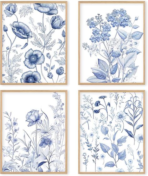 Amazon.com: Boat Wades Blue And White Chinoiserie Wall Art Poster,Chinoiserie Wall Art Flower Prints,Blue Floral Posters For Home Bathroom Decorations,Chinoiserie Wall Art 8x10 Set Of 4: Posters & Prints Blue And White China Bathroom, Dusty Blue Board And Batten Wall, Blue House Theme, Bathroom Pictures Wall Art Ideas, Navy Blue Wall Decor, Navy Blue Bathroom Decor, Artwork For Bathroom, Chinoiserie Wall Art, Floral Posters