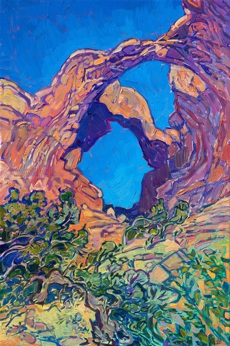 Arches National Park is one of my favorite national parks to paint. The clean, abstract rock formations make great painting compositions, and the buttery colors of sandstone rock allow me to use the full range of my palette from creamy yellow to butternut orange to vivid purple. This painting captures the famous double arches at Arches National Park. Painting Compositions, Rocky Mountain National Park Painting, Zion Painting Abstract, Arches National Park Watercolor, Art Sources, Sandstone Rock, Arches National Park Poster, Arches Watercolor, Erin Hanson