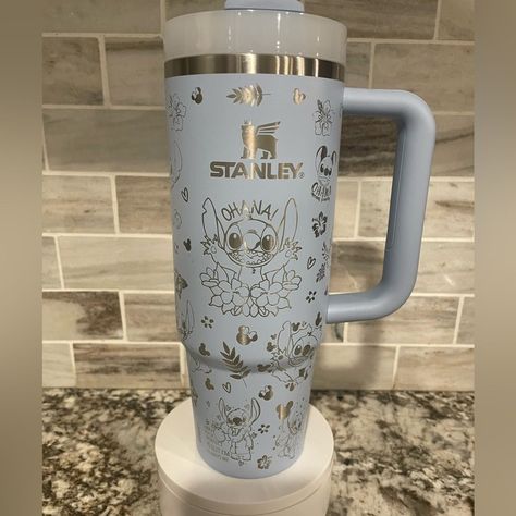 Stanley Cups Decorated, Cute Stitch Things, Disney Stanley Cup, Christmas Stanley Cup, Disney Stuff To Buy, Stitch Stanley Cup, Laser Engraved Cups, Stanley Cups Aesthetic, Bluey Stanley