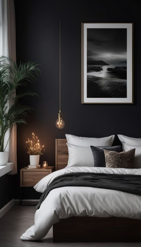 Hyperrealism dark interior of a boho design bedroom with bed and modern minimalistic wall art Dark Minimalist Bedroom, Dark Modern Bedroom, Dark Minimalist, Black And White Bedroom, Black Bedroom Design, Masculine Bedroom, Black Bedroom, Bedroom Tips, Bedroom Black