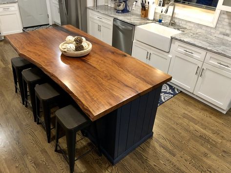 Cherry Wood Countertops, Cedar Island Kitchen, Black Island With Wood Top, Kitchen Island Ideas Black, Live Edge Island Kitchen, Kitchen Island Wood Top, Island With Wood Countertop, Natural Wood Kitchen Island, Meja Island