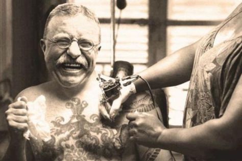 This picture is photoshopped, but one thing is true: President Theodore Roosevelt had a tattoo of his family crest on his chest.  Proof that Teddy was a B.A.M.F. even without carrying a big stick. Anchor Meaning, Historical Tattoos, Ap Euro, History Tattoos, Teddy Roosevelt, Career Inspiration, Corporate America, Essay Topics, Vintage Tattoo